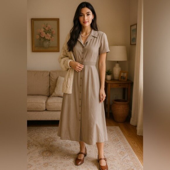 Eddie Bauer Vintage Taupe Button-Front Midi Shirt Dress Short Sleeve Size 8 - Picture 11 of 11